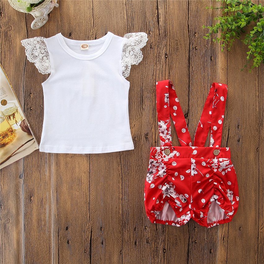 Toddler Kids Baby Girl Short Sleeve Lace Tshirt Tops Suspender Shorts