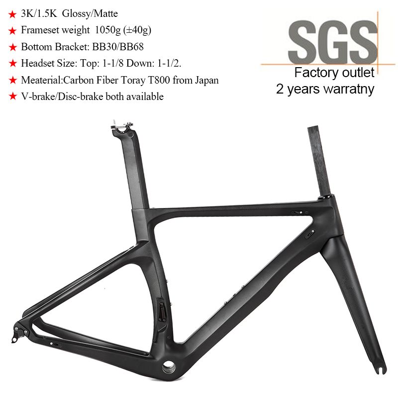 3k 1k Matte Glossy Carbon Road Bicycle Frameset V Brake Disc Oem Racing T800 Bike Frame Sfnk 1050g Bb30 Bb68