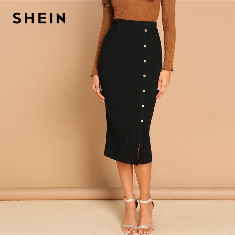 SHEIN Black Button Front Ribbed Knit Split Solid Slim Long Skirt Women