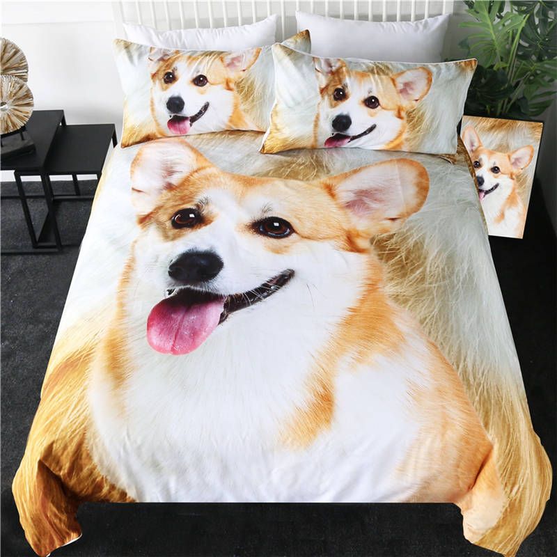 Corgi Bedding Set Pet Dog Kids Duvet Cover 3d Fur Print Brown