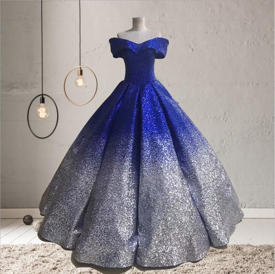 2020 Royal Blue Glitter Sequin Ombre Ball Gown Prom Pageant Dresses ...
