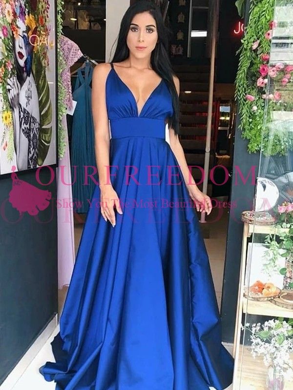 2019 Chic Royal Blue V Neck Prom Dresses Stain A Line Sweep Train ...