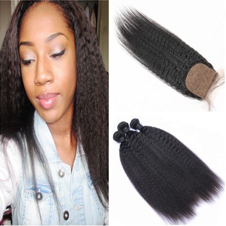 Malaysian Coarse Yaki Human Hair Weave Bundles With 4x4 Silk Base