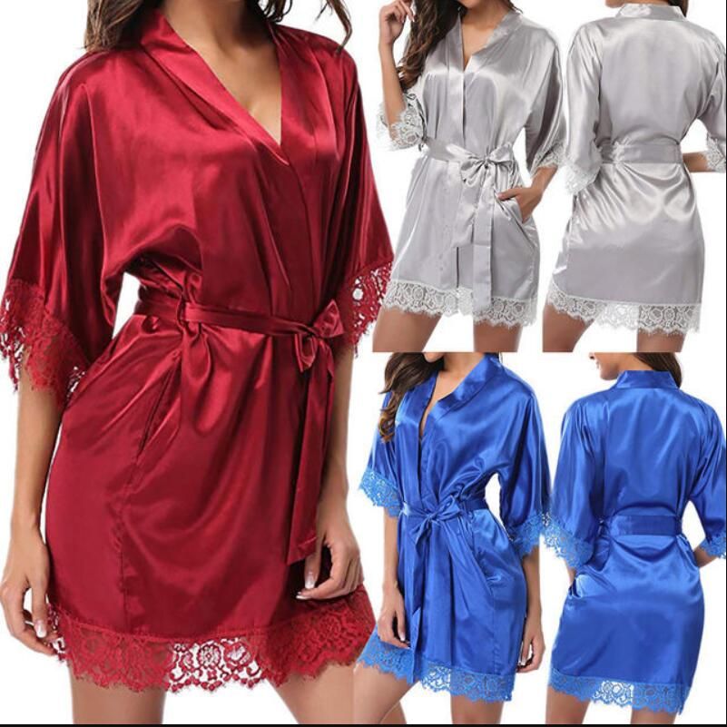 2020 High Quality Women Silk Robes Transparency Plain Color Sleepwear ...