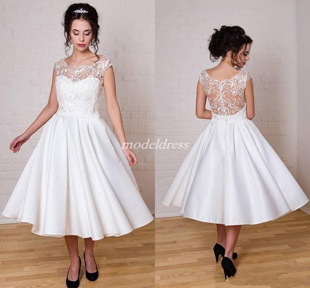 Discount 2019 Tea Length Wedding Dresses See Through Jewel Lace