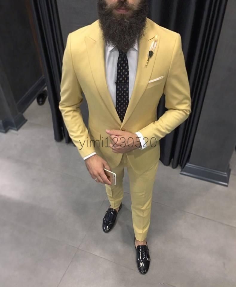 Light Yellow Men Suits Peaked Lapel One Button Prom Suits Slim Fit