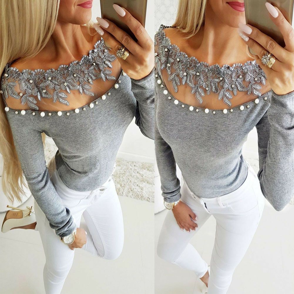 Perla Tops Larga Slim Abalorios Encaje Top Jumper Manga Hombro Fit Camiseta Tees Mujer 2019 Knit Túnicas De MSGzqVUp