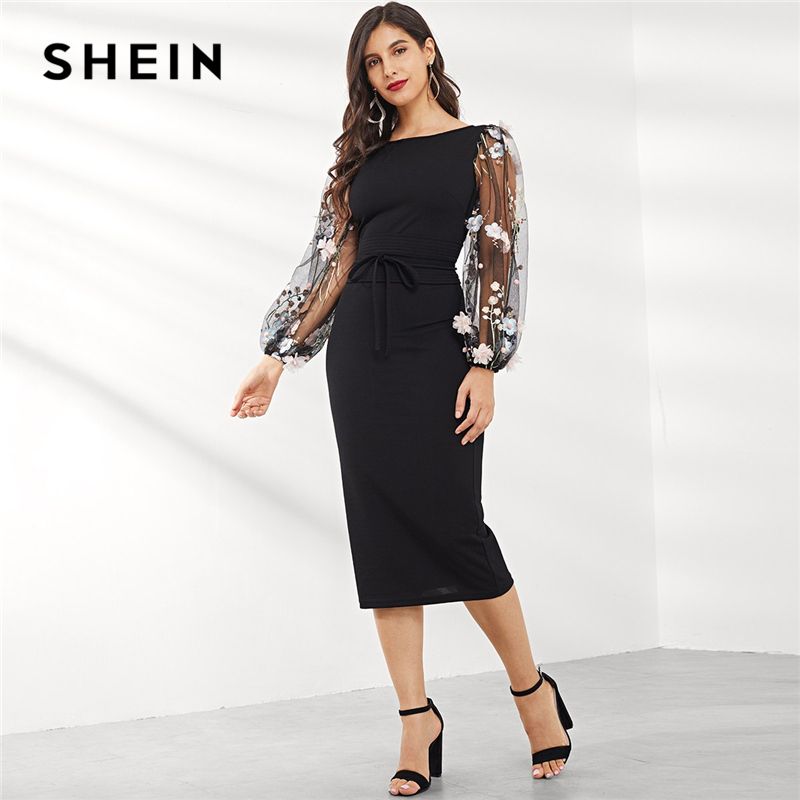 SHEIN Black Applique Embroidered Mesh Sleeve Pencil Dress Women Autumn Elegant Casual Boat Neck 