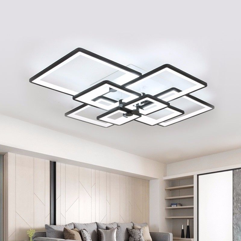 Modern Chandelier Led Lighting For Living Room Square Black Home Dining Light Fixtures With Remote Control Bedroom Lamp Re