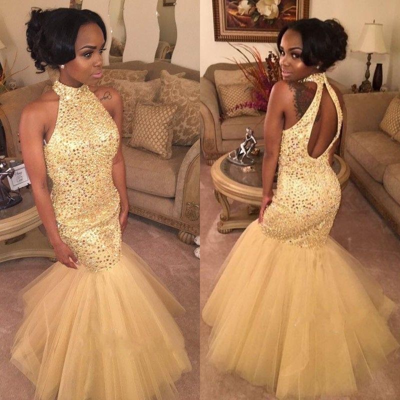 Shiny Halter Neck Gold Prom Dresses Open Back Beaded Tulle Evening ...