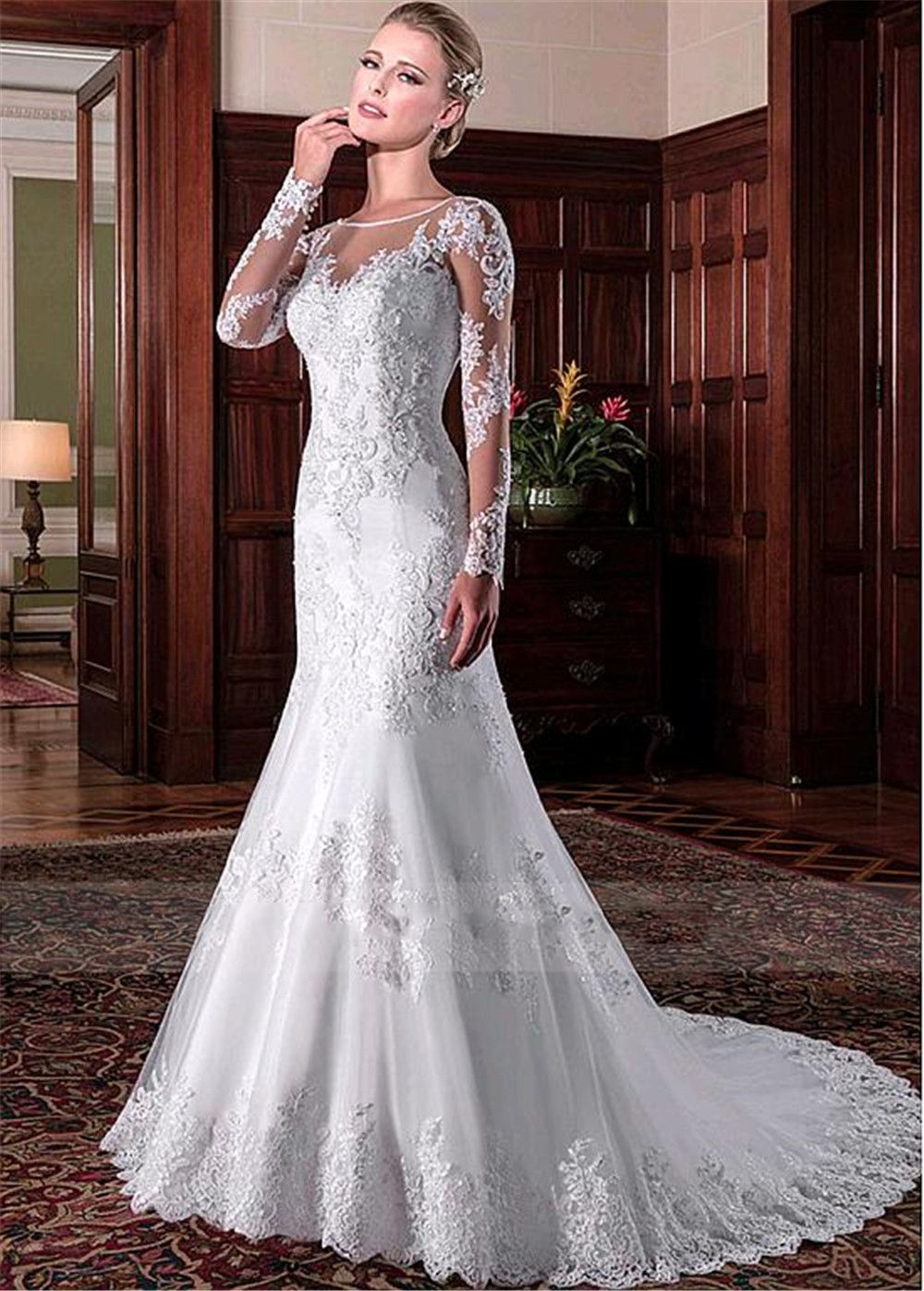 Vintage Sheer Long Sleeves Mermaid Wedding Dresses Slim 2020 Formal