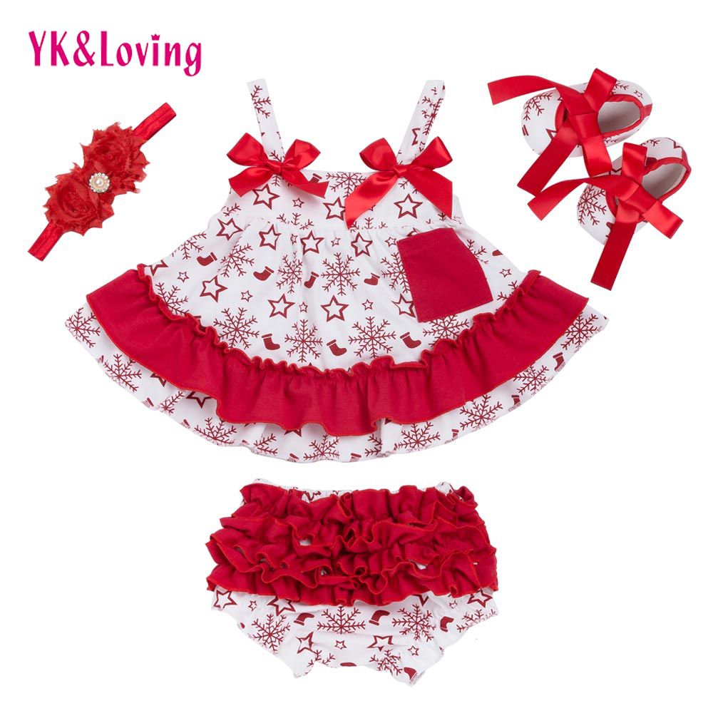 Summer Style Christmas Baby Swing Top Baby Girls Clothing Set Infant Ruffle Outfits Bloomer Headband Newborn Girl Clothes Sets Y18120303