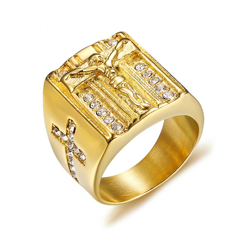 Luxury Crystal Jesus Cross Catholicism Ring For Men Gold Color
