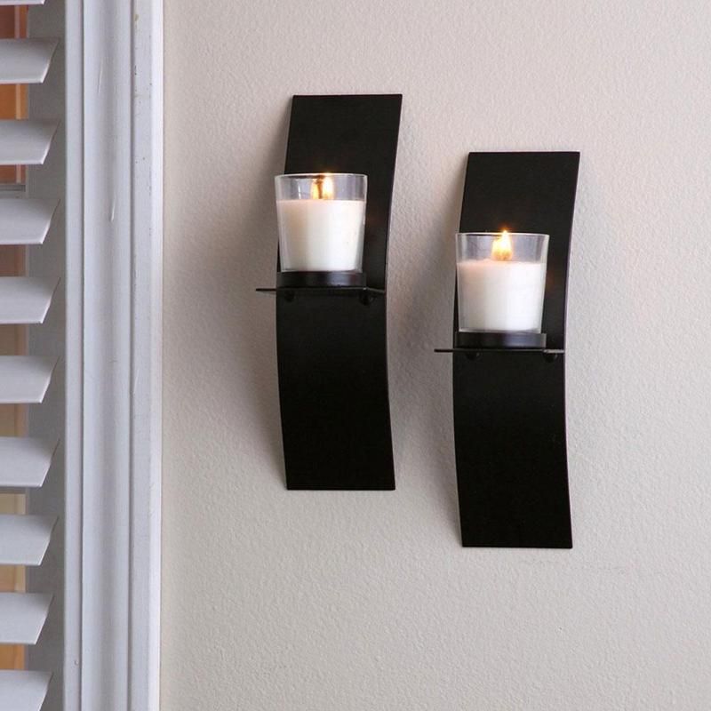 Wall Candle Holders With Glass Cup Black Metal Arc Candlestick Simple Classic For Home Ornaments Decor Free