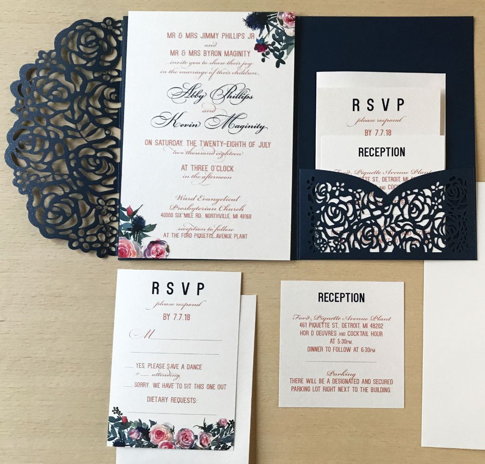 Navy Blue Laser Cut Pocket Invites For Wedding 2019 Elegant Vintage