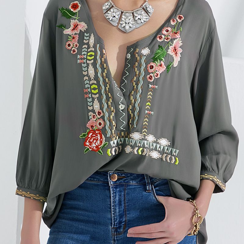 2019 women flower embroidery blouses long sleeve v neck buttons shirt 2019 women flower embroidery blouses long sleeve v neck buttons shirt