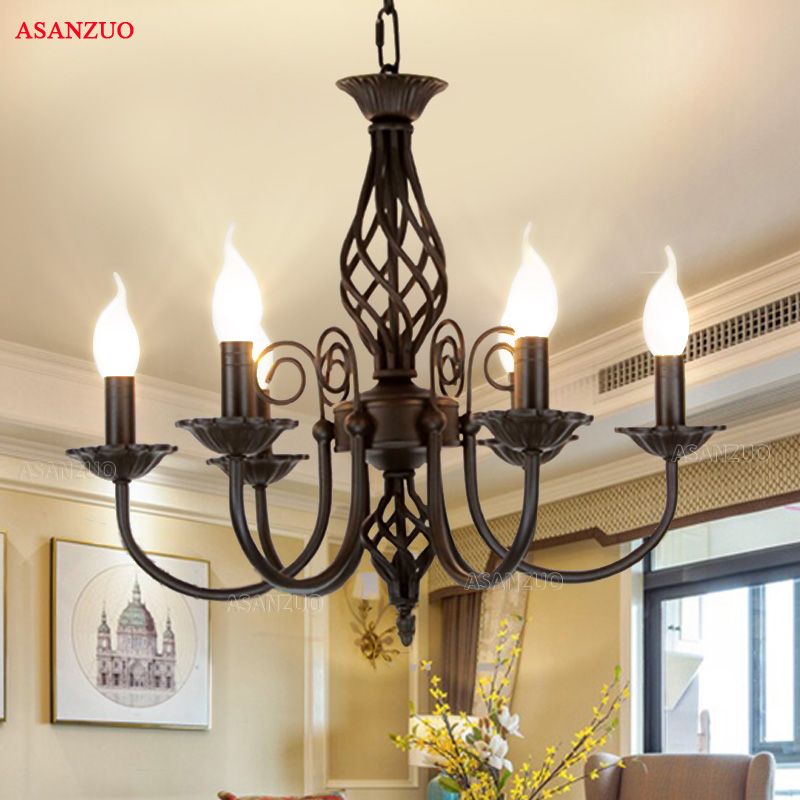 Vintage Wrought Iron Chandelier E14 Candle Light Lamp Black White Metal Lighting Fixture