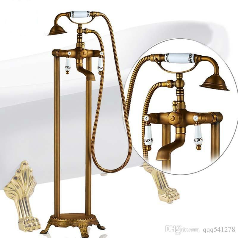 Antique Brass Freestanding Bathtub Faucet Set Dual Ceramic Handle Floor Mounted Claw Foot Bath Tub Mixers Swive Spout