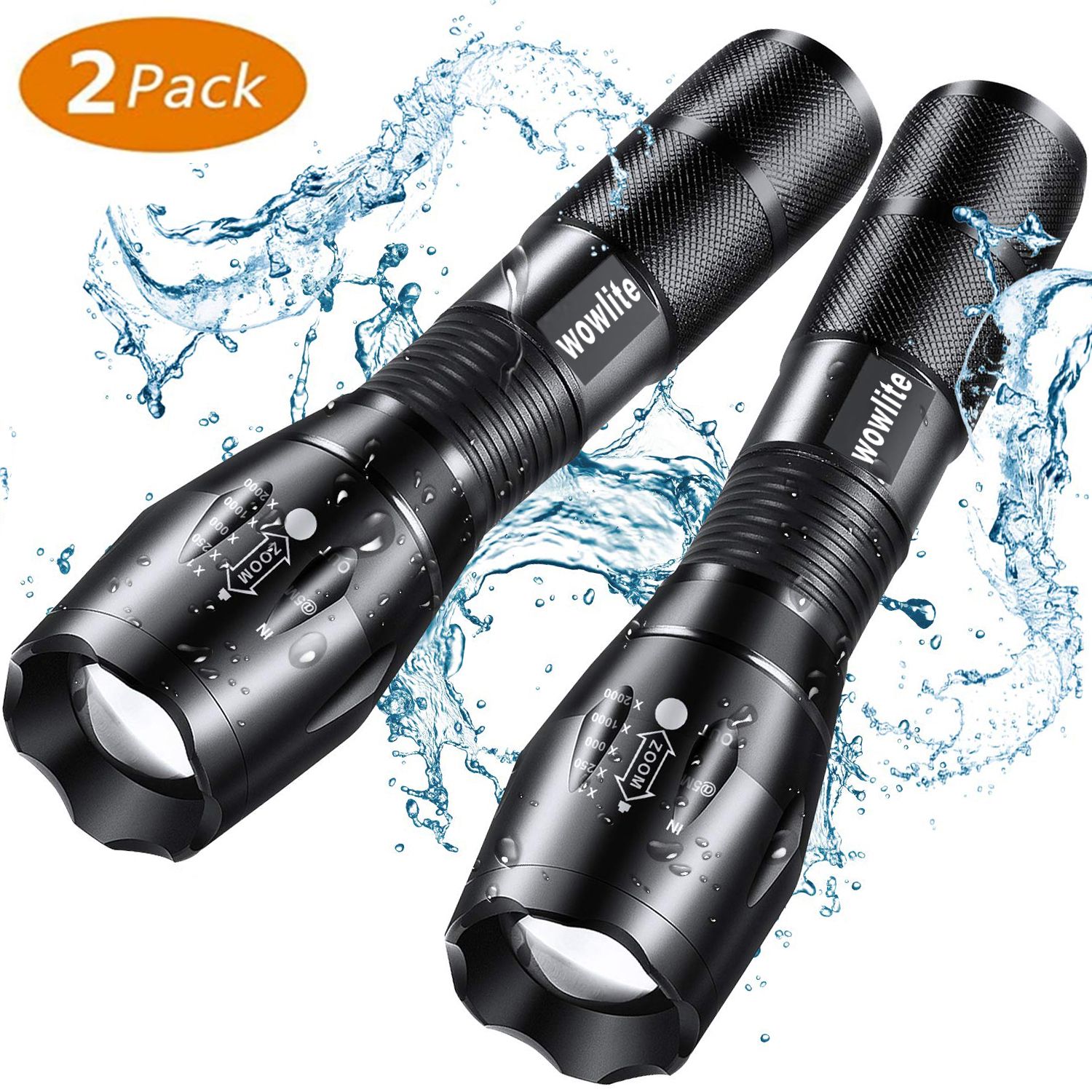 Wowlite LED Tactical Flashlight High Lumen, Zoomable, 5 Modes, Water