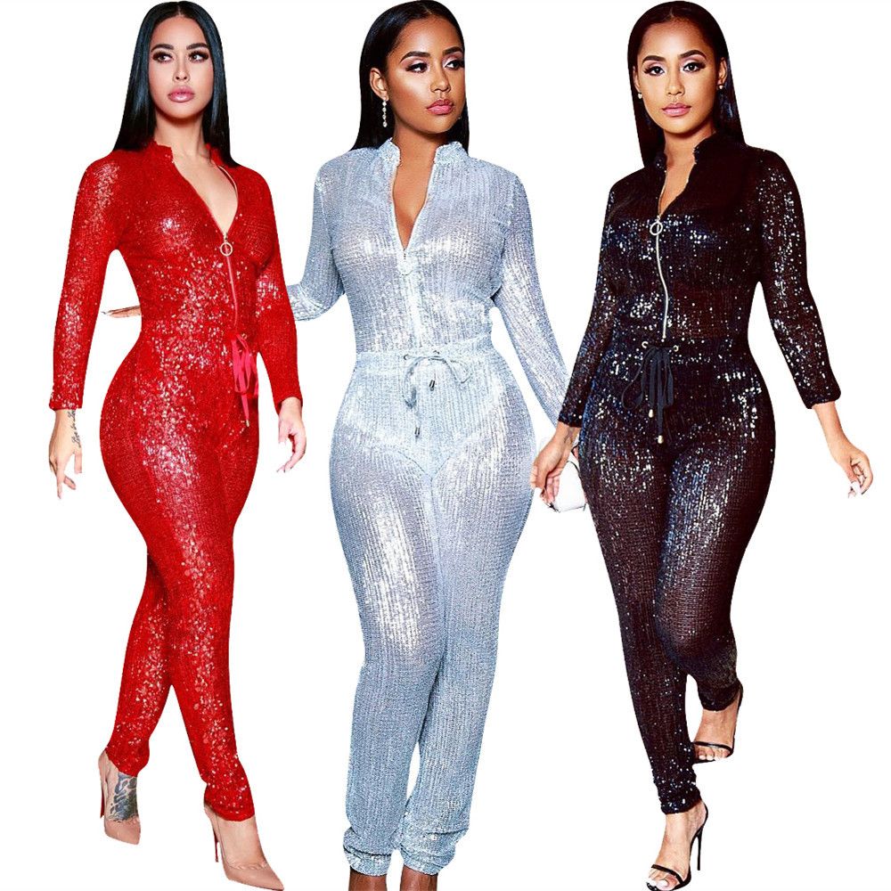 2019 Women Sexy Glitter Sequined Deep V Neck Long Sleeve Jumpsuit For ...