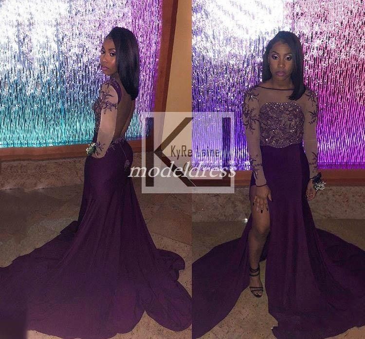 African Grape Mermaid Prom Dresses Bateau Backless Long Sleeve Thigh ...