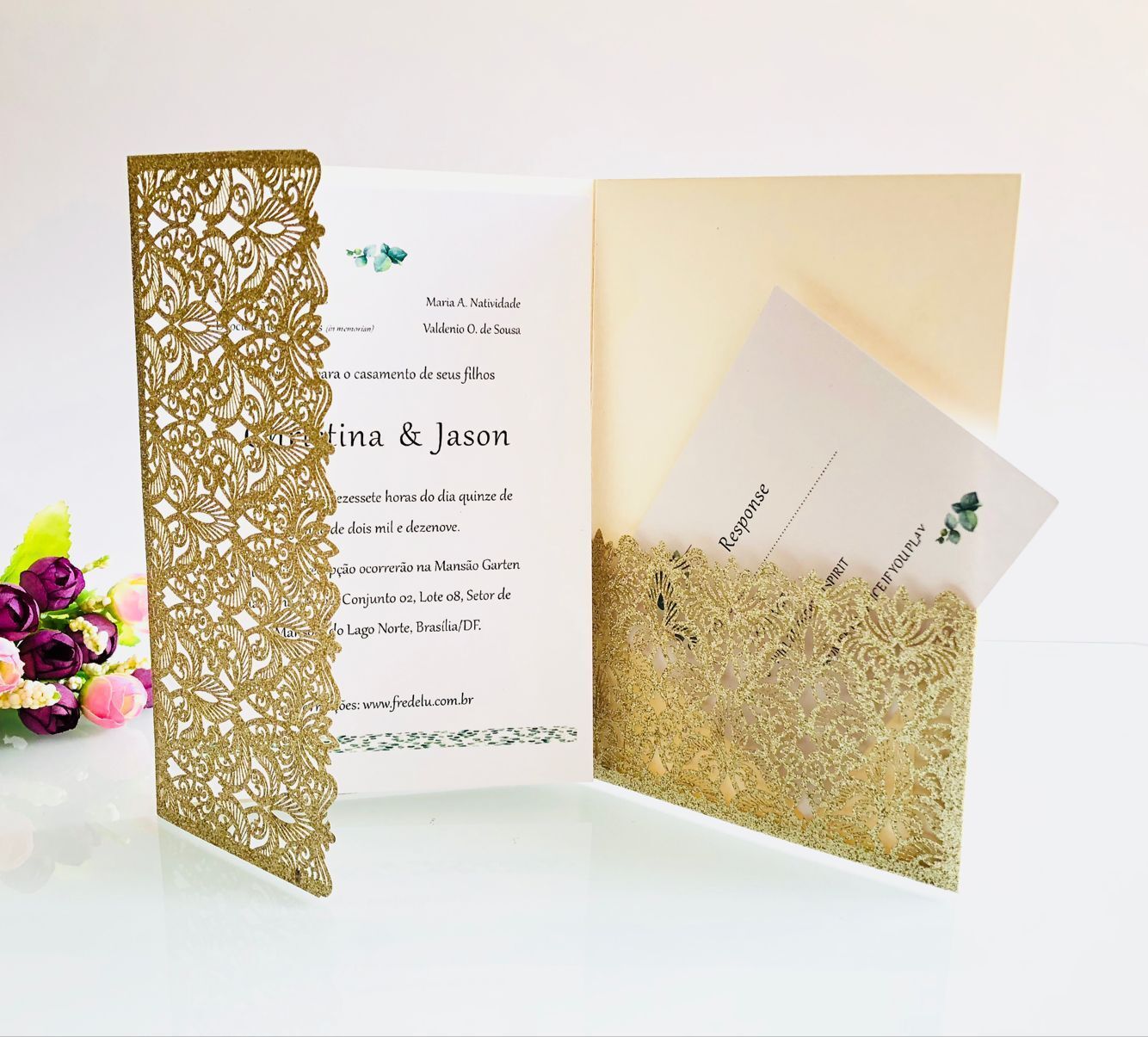 Laser Cut Wedding Invitations With Rsvp Cards Gold Silver Glitering