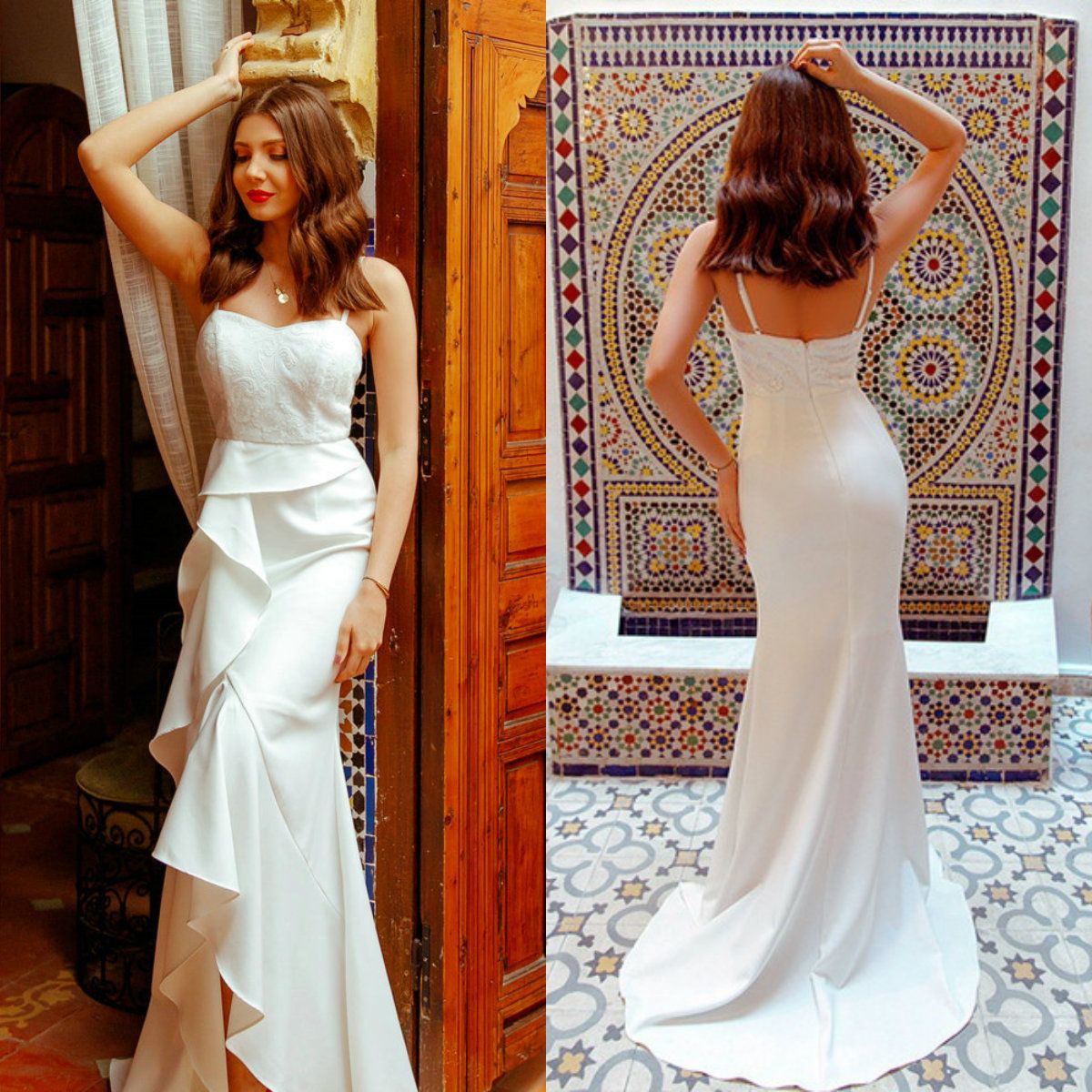 Cheap Mermaid Wedding Dresses 2019 Zipper Back Lace Ruffles Hi Lo