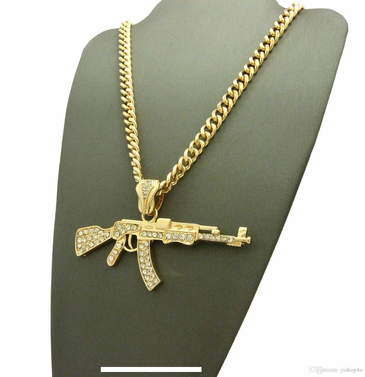 Wholesale NEW ICED 14K GOLD PLATED MACHINE GUN AK 47 PENDANT NECKLACE W 6mm 24 Cuban Chain MENS ...