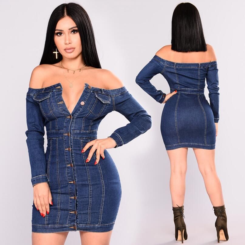 Women Blue Denim Dress Long Sleeve Casual Mini Dress Off Shoulder