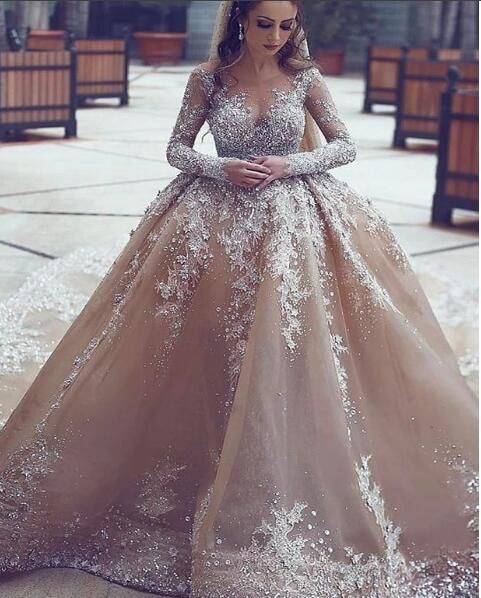 Long sleeve beaded ball gown wedding dresses with bling