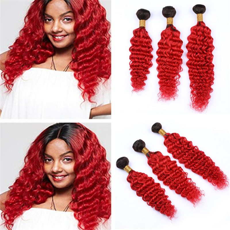 Ombre Red Virgin Hair 3 Bundles Deep Wave Curly Dark Roots Bright Red Ombre Human Hair Weave Wefts Extensions 3pcs Lot