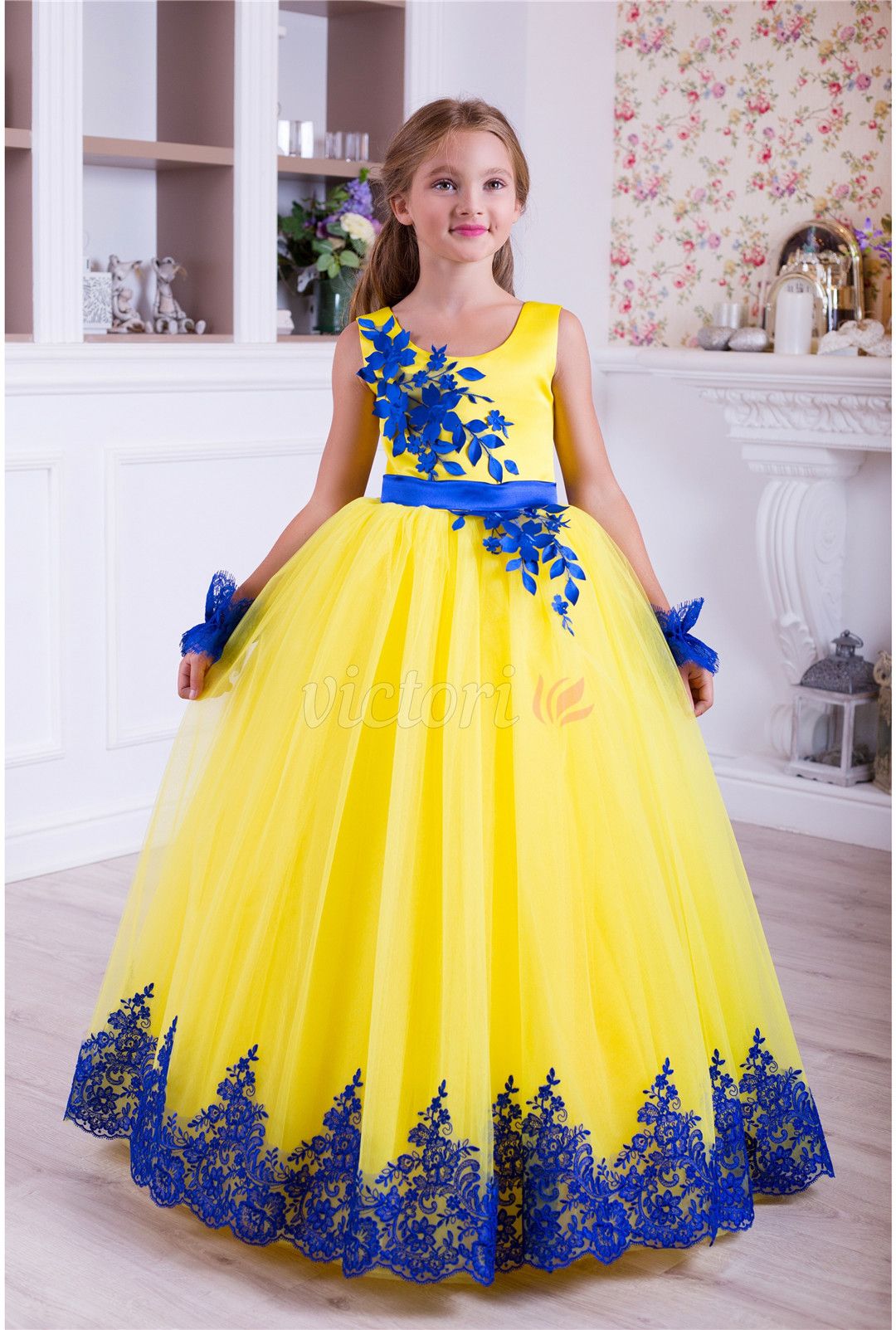 yellow and blue flower girl dresses