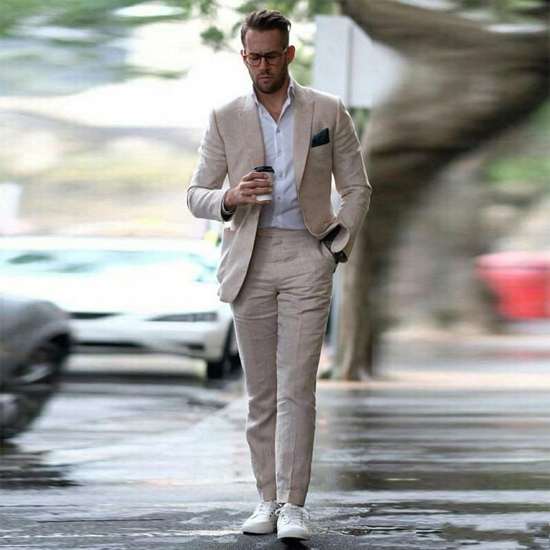 2021 2020 Linen Summer Beach Wedding Slim Fit Men Suits Groom Peaked