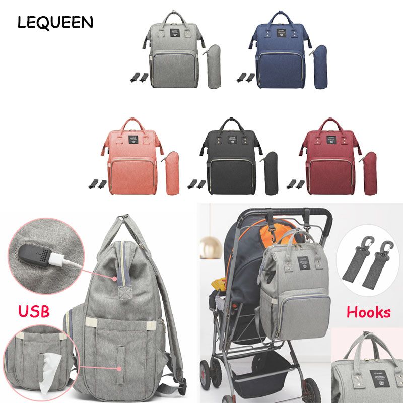 2021 LEQUEEN Maternity Waterproof Diaper Bag USB Charging Large Capacity Mummy Nursing Backpacks