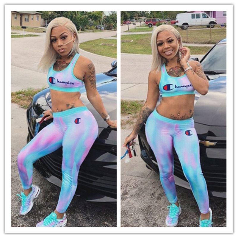 Women Champions Gradient Bra Tracksuit Sports Bras Vest Pants Leggings 2 Piece Set Sleeveless Crop Top Outfits Brand Sports Suit C3254