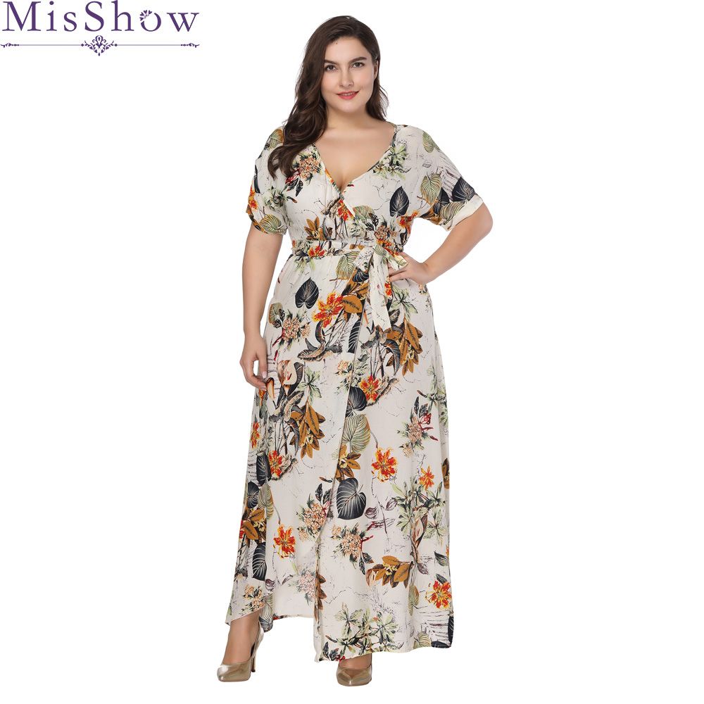Women Long Maxi Dress Plus Size 6xl 7xl 2019 Summer Floral Print Boho Style Beach Dress Casual Short Sleeve Party Dress