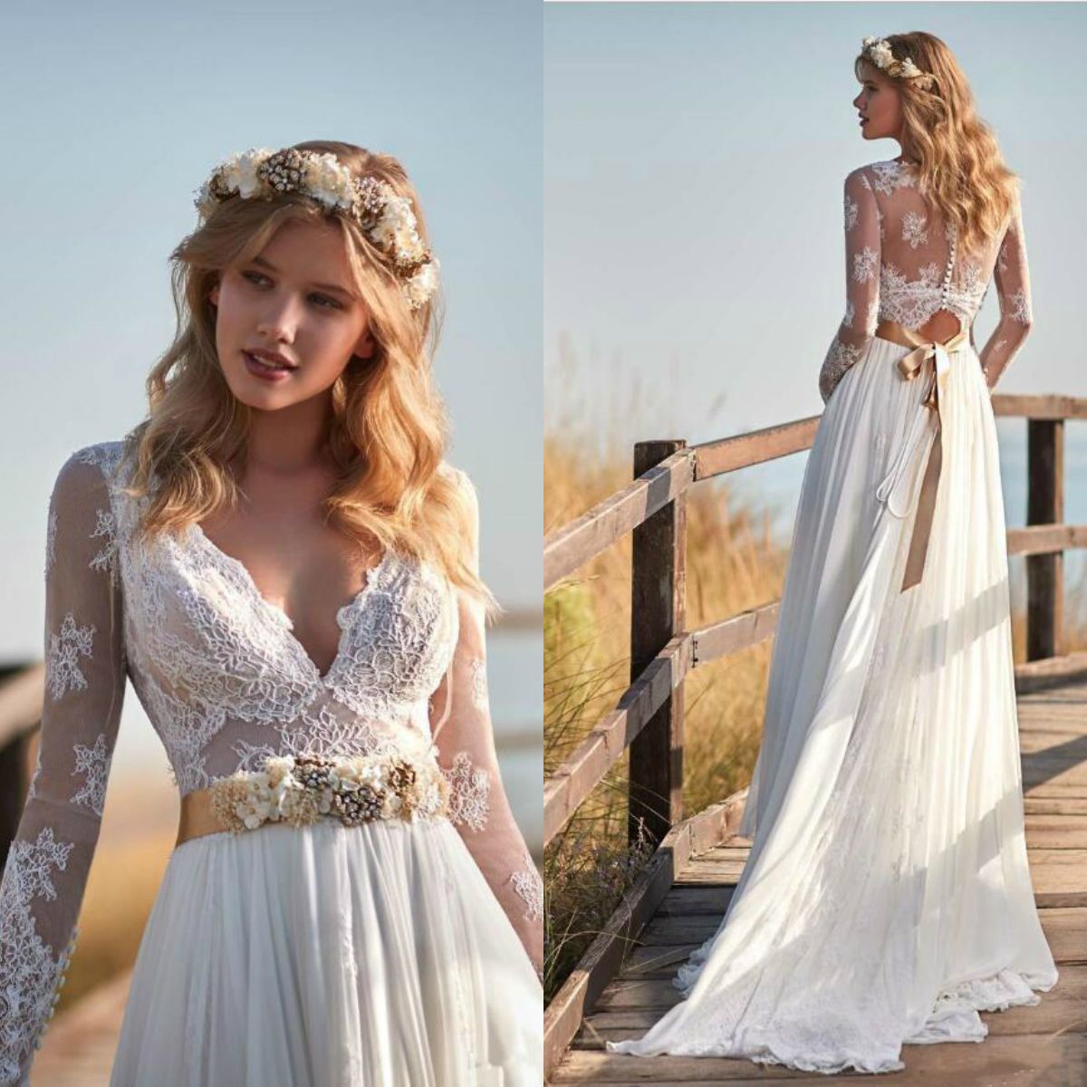 Discount Vintage Chiffon Lace Beach Wedding Dresses Long Sleeve