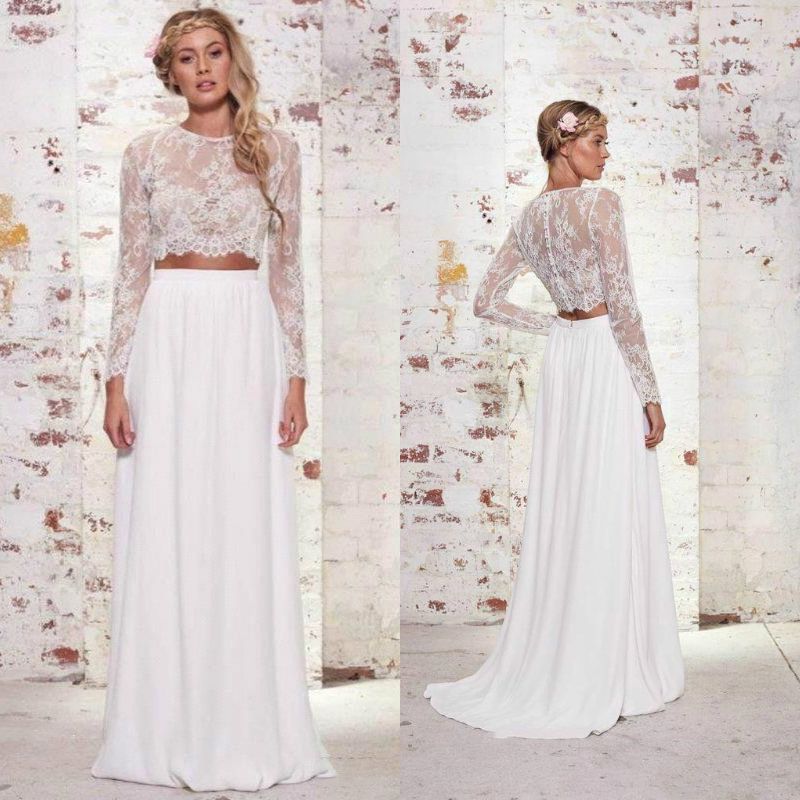 compre barato dos piezas bohemio vestidos de novia largo de alta