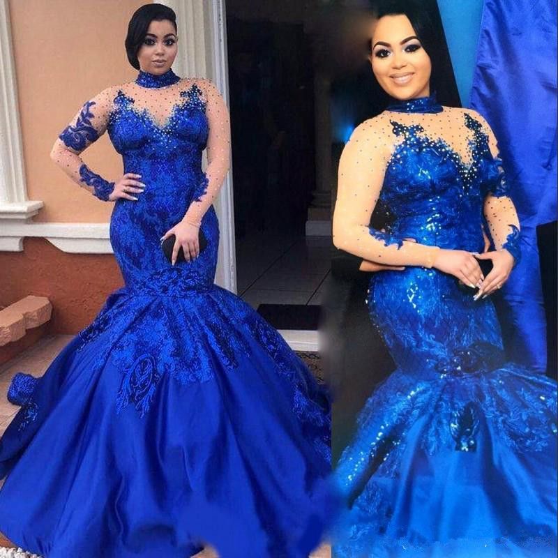 royal blue high neck prom dress