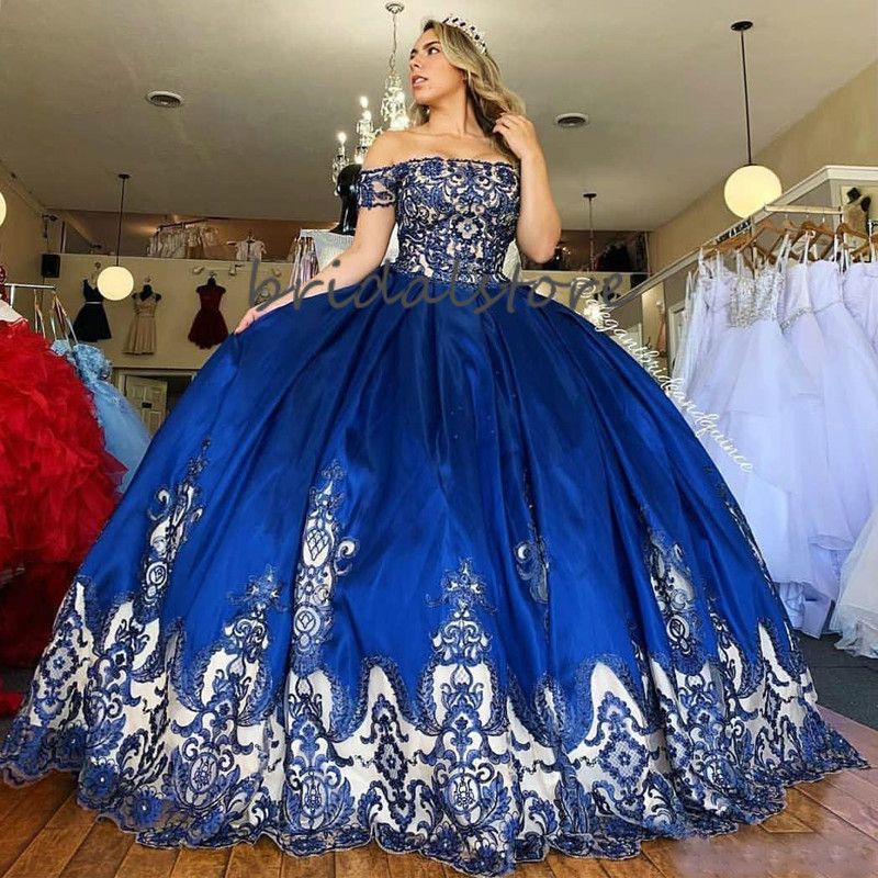 Gorgeous Royal Blue Puffy Quinceanera Dresses Boat Neck Short Sleeve Appliques Lace Sweet 15 