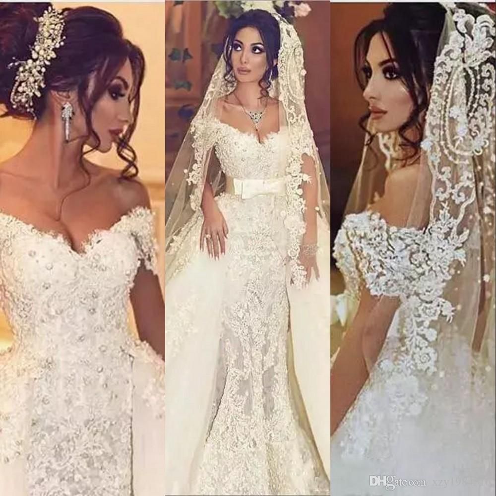 gorgeous arabic overskirts wedding dresses mermaid with detachable train  off shoulder pearls applique lace country bridal gowns with sash