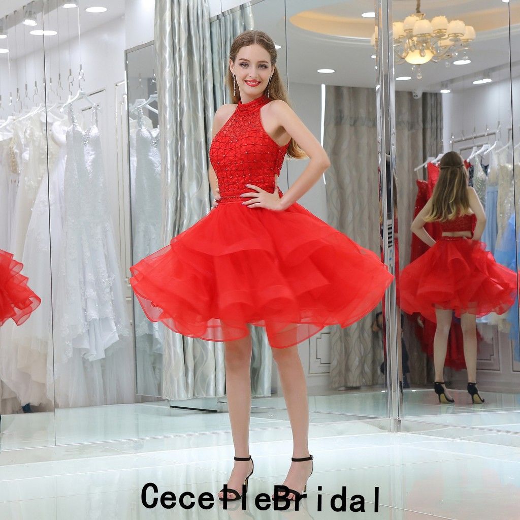 Red A Line Short Cocktail Party Dresses Halter Beading Top Ruffles Organza Teens Girls Informal 