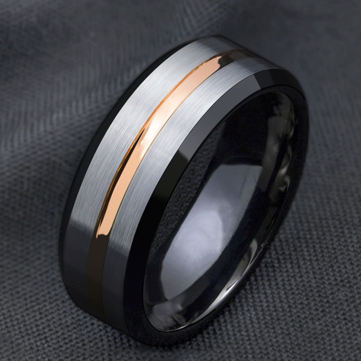 8mm Silver Brushed Black Edge Tungsten Steel Ring Gold Stripe Fashion ...