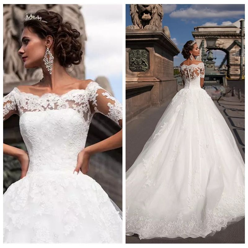 Manches Courtes Dentelle Appliques A Ligne Robes De Mariée Robes De Mariée Princesse Longue Robes De Mariee 2019 Jardin De Mariage Formel
