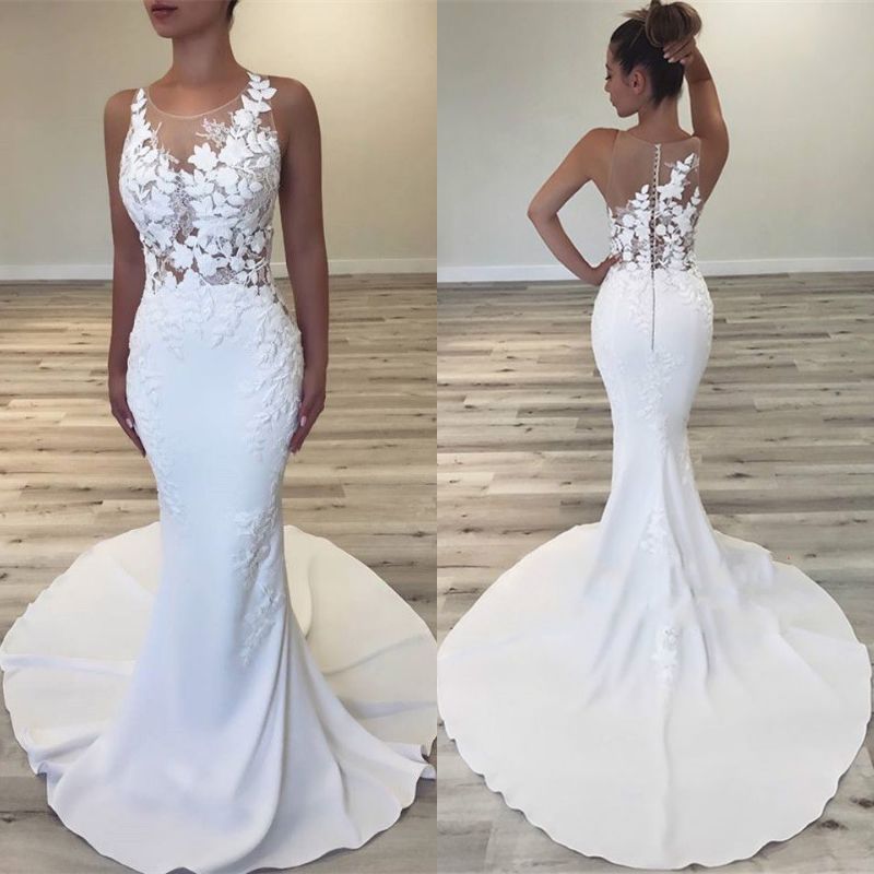 Modest White Mermaid Wedding Dresses Uk Sheer Neck Sleeveless Slim