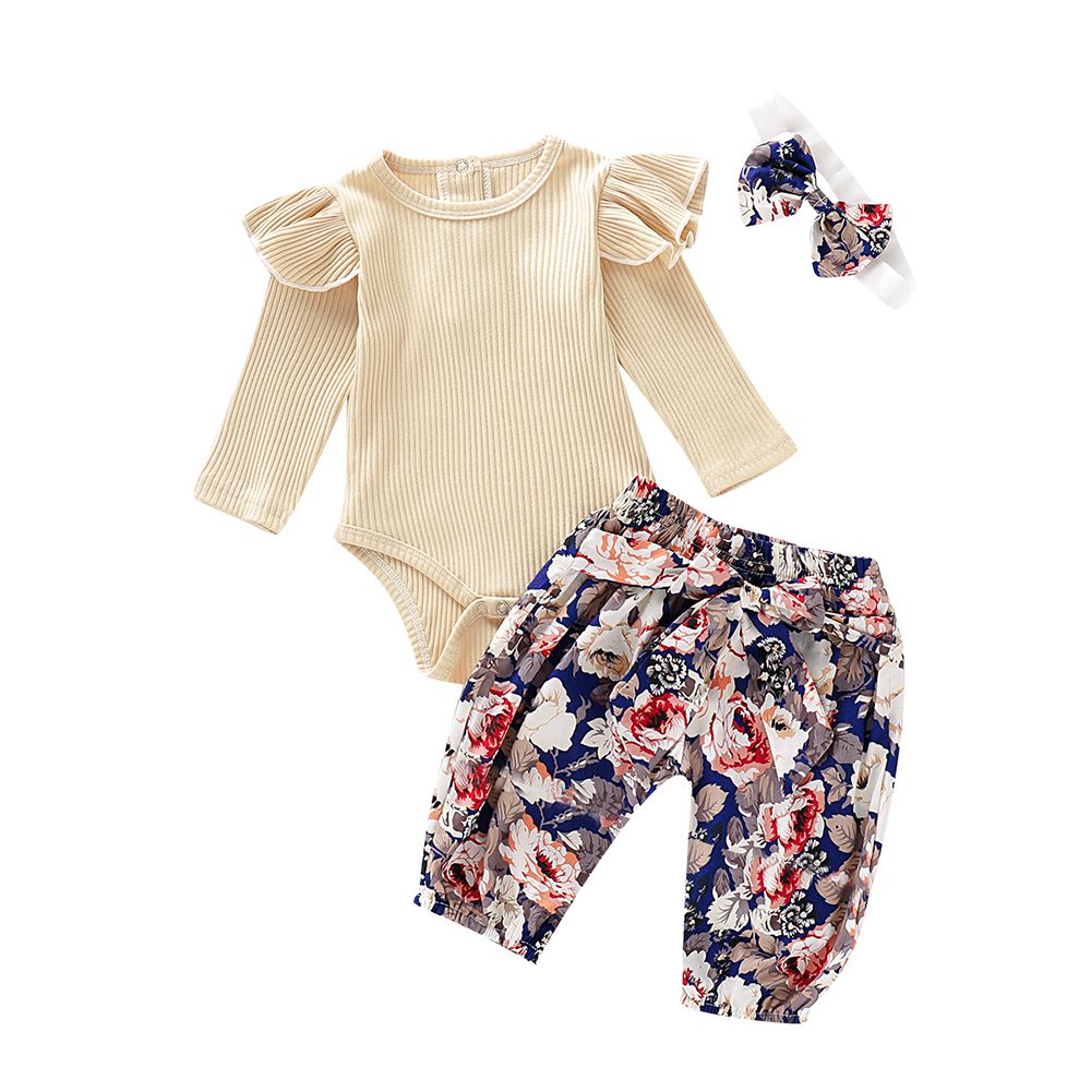 3Pc Newborn Baby Girl Clothes Short Sleeve Ruffled Romper Shirt Floral Shorts Pants Headband Outfit Set