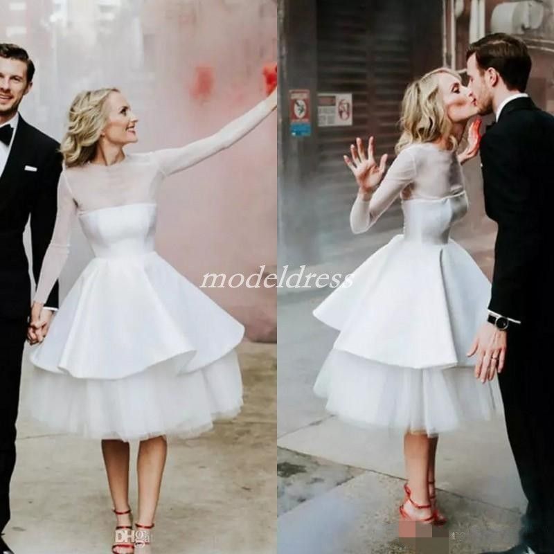 compre manga larga cortos vestidos de novia blancos 2019 joya