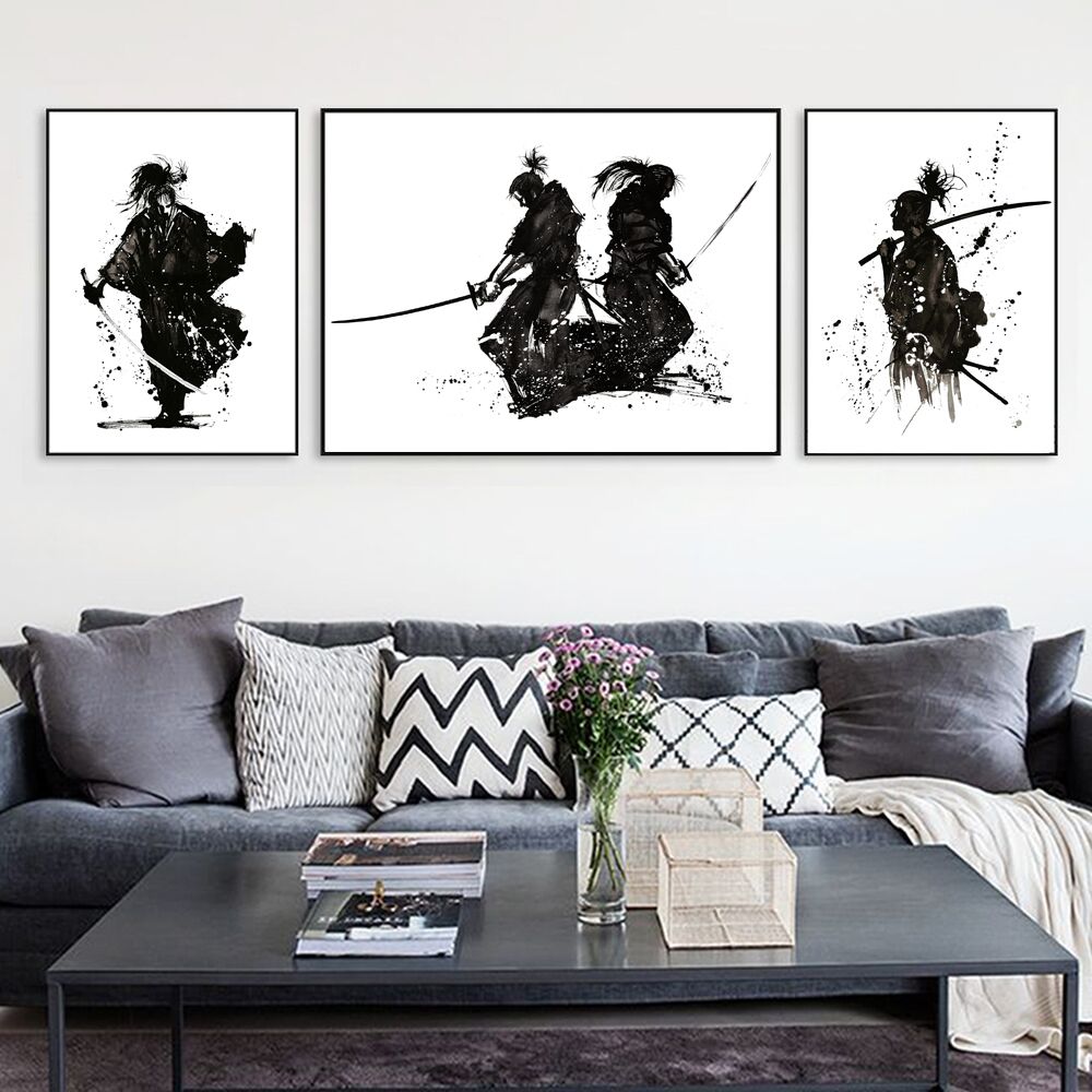 2019 Japanese Style Black & White Samurai Ink Painting, Japan Bushido