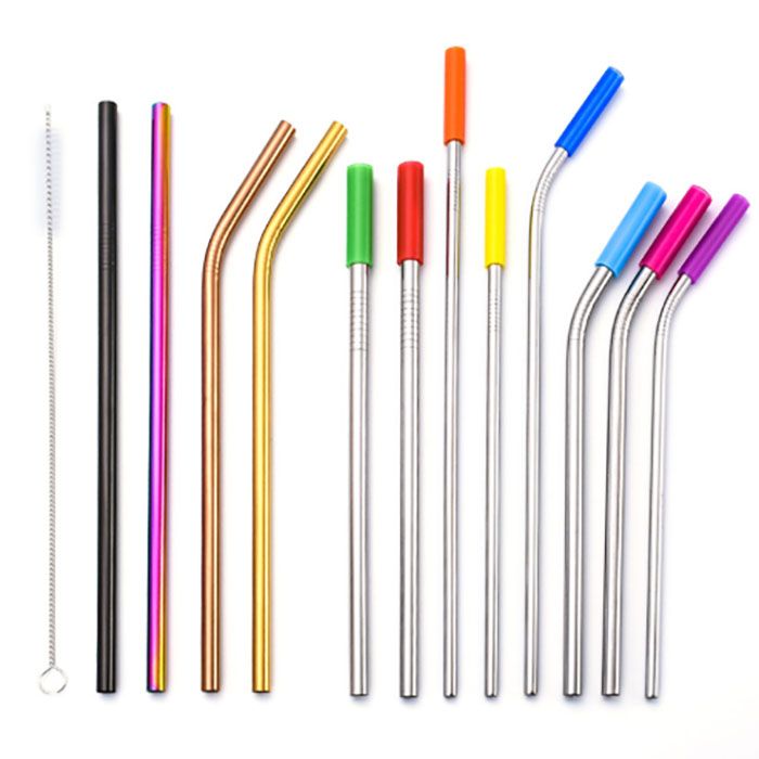 Stainless Steel Straw Silicone Nozzle Colored Box Set Bent Straight