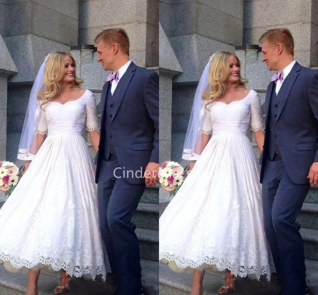 Robes De Mariée Vintage Dentelle 2019 Demi Manches Hors épaule A Ligne Robes De Mariée Gothique Longueur De Cheville Robes De Mariée Robe De Mariée